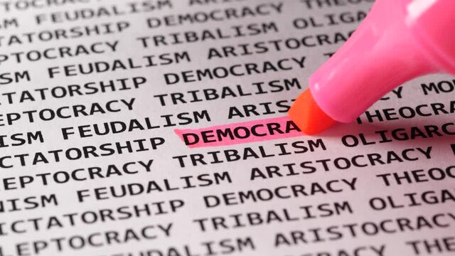 Word Democracy highlighted with a pink marker. Highlighter among different association terms