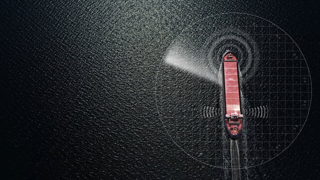 3d rendering- Cargo ship with radar and antenna signal-aerial 
with technology WIFI connection communication Radar and wireless 5G internet network for logistic transportation .
