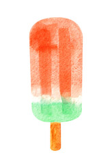 Hand drawn watercolor ice cream on white background in red and green colors.