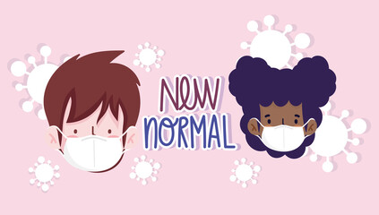 New normal woman and man with masks vector design
