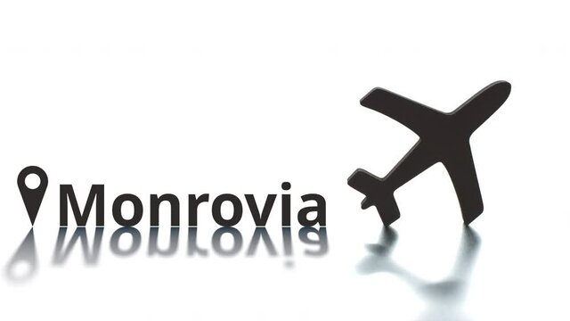 Monrovia text with city geotag and airplane icon. Arrival concept