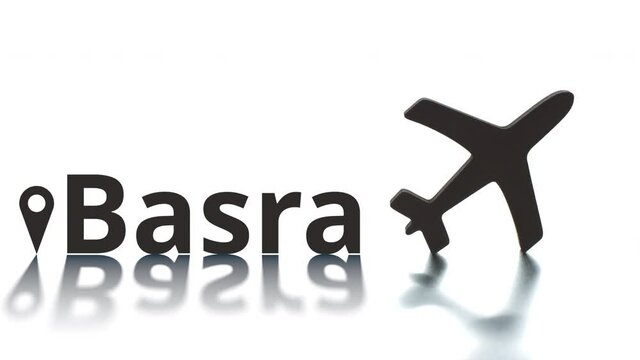 Basra text, geotag and airplane silhouette, air transport concept