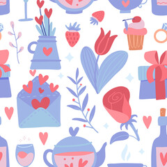 Romantic seamless pattern with flower and heart, teapot and bottle, strawberry and branches on a white background. Vector flat illustration for Valentines day