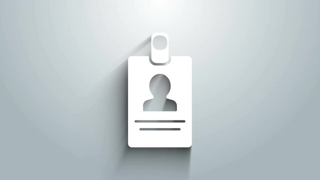 White Identification badge icon isolated on grey background. It can be used for presentation, identity of the company, advertising. 4K Video motion graphic animation