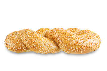 Wheat white braided bread with sesame seeds on a white isolated background