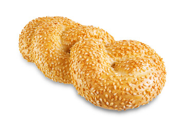 Wheat white braided bread with sesame seeds on a white isolated background
