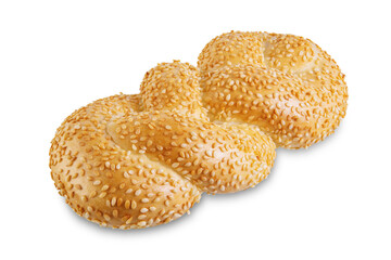 Wheat white braided bread with sesame seeds on a white isolated background