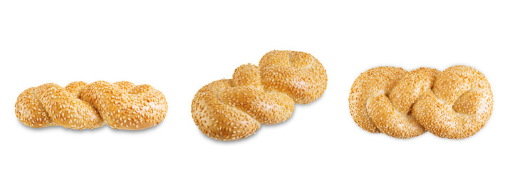 Wheat white braided bread with sesame seeds on a white isolated background
