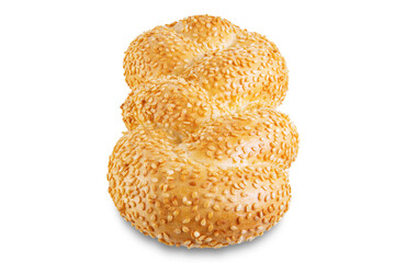 Wheat white braided bread with sesame seeds on a white isolated background