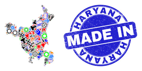 Technical Haryana State map mosaic and MADE IN distress stamp. Haryana State map collage created from wrenches,wheels, tools,,keys,transports, electric sparks,rockets.