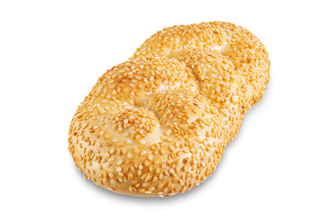 Wheat white braided bread with sesame seeds on a white isolated background