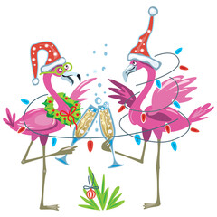 Cute flamingoes with glasses of champagne