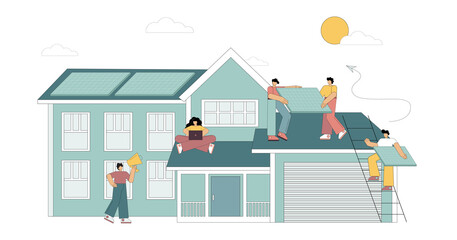 Workers are installing solar panels. Alternative energy, renewable energy. Vector illustration