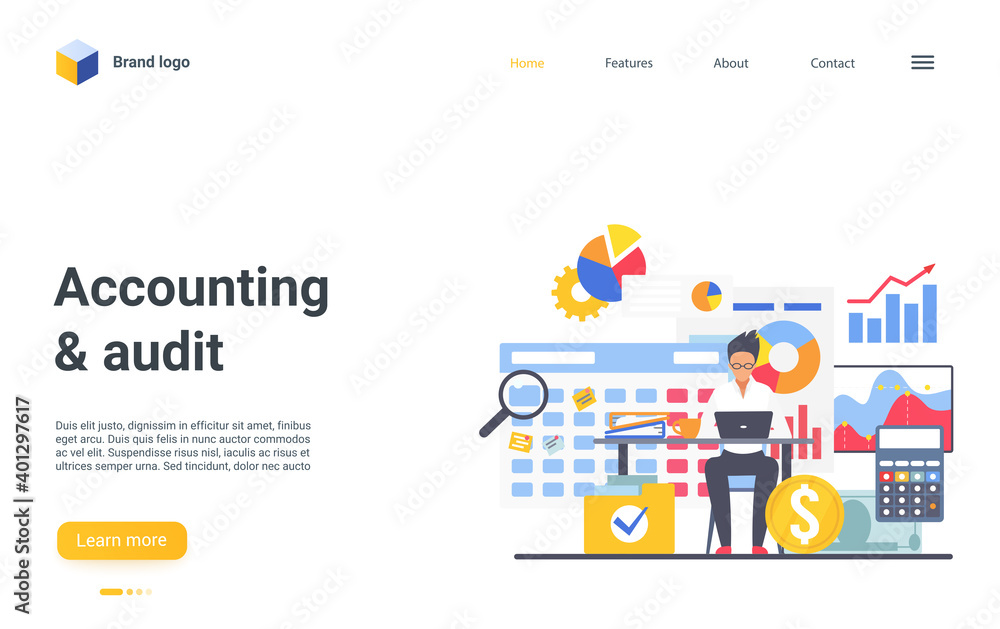 Poster accounting and audit landing page vector template. bookkeeping website interface idea with flat illu