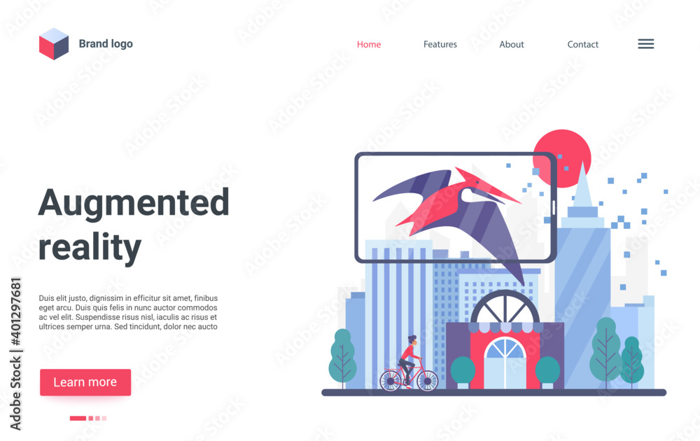 Poster augmented reality landing page vector template. game experience website interface idea with flat ill