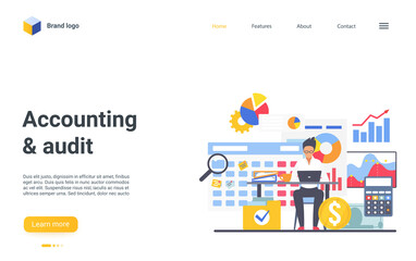 Fototapeta na wymiar Accounting and audit landing page vector template. Bookkeeping website interface idea with flat illustrations. Banking homepage layout. Online finance advisor web banner, webpage cartoon concept