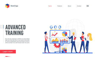 Website interface creative landing page design, cartoon flat businessman trainer teaching analytics business student people. Coursework education technology, training course vector illustration