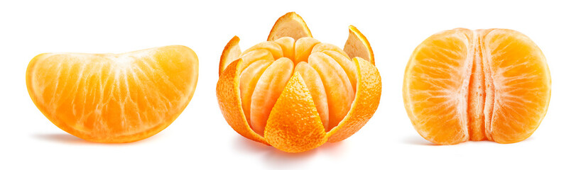 Set of three peeled tangerines isolated on white background with clipping path. A slice, peeled round tangerine with zest like a flower and a half of uncovered peeled tangerine.