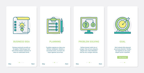 Business idea, goal achievement and planning vector illustration. UX, UI onboarding mobile app page screen set with line light bulb success startup concept, research target, successful problem solving