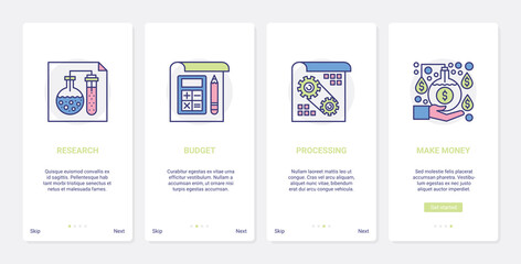 Business market research to make money vector illustration. UX, UI onboarding mobile app page screen set with line researcher analyst hand making money coins, financial profit, budget analysis process