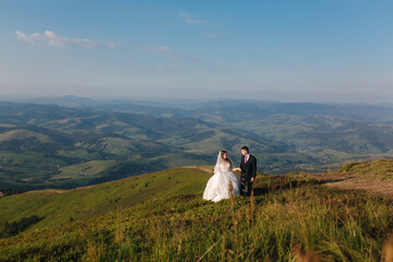 Fototapeta na wymiar Wedding couple in mountains. Bride and groom standing on the hill