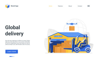 Cartoon landing page, website interface design for warehousing business service with worker loading boxes using loader near warehouse storage, global warehouse delivery logistics vector illustration