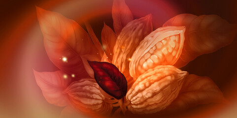 Background image of cocoa bean and leaves, chocolate, cocoa, leaves, background, brown, ocher.