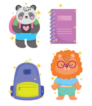 Back to school panda lion notebook and bag vector design