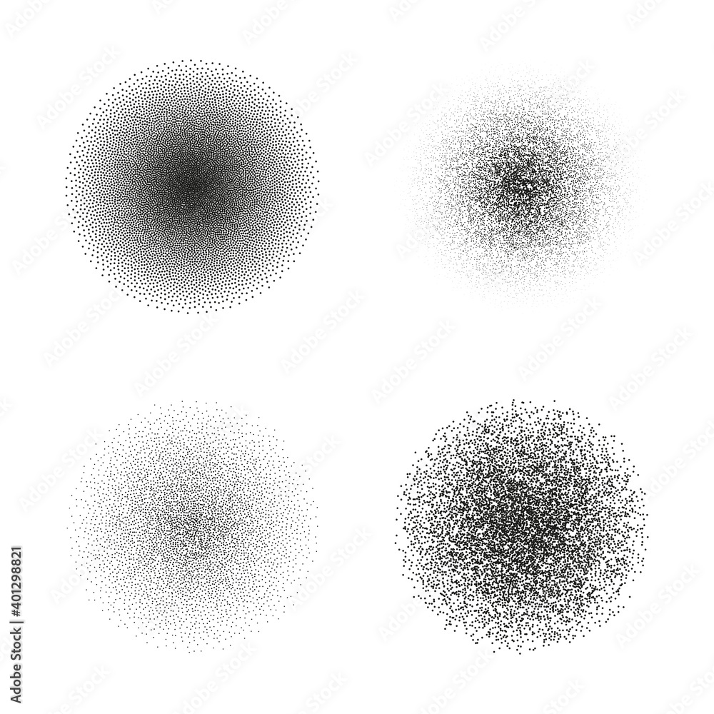 Poster circle of very small dissolving points, noise, gradient. set. round, stipple grunge. vector overlay.