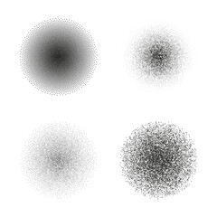 Circle of very small dissolving points, noise, gradient. Set. Round, Stipple grunge. Vector overlay. Isolated background.