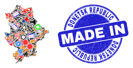 Production Donetsk Republic map mosaic and MADE IN scratched seal. Donetsk Republic map abstraction formed with spanners,wheels,instruments,components,vehicles,electricity bolts,details.