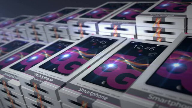 5G Smartphone pack production line. New mobile smart phone packing and delivery. Abstract 3d rendering loopable seamless animation. Communication technology and electronic industry concept.