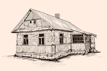 Obraz premium Hand sketch on a beige background. Old rustic wooden house on a stone foundation with a tiled roof.