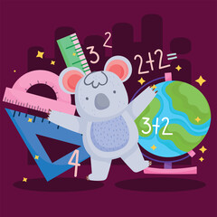 back to school cute koala with globe map and rulers
