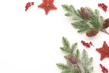 Red christmas decoration on white background, flat lay, top view