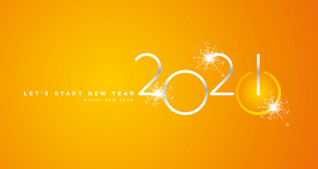 Start of New Year 2021 silver shining rounded typography orange yellow background banner and turn on button