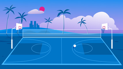 Basketball court, city street outdoor playground vector illustration. Cartoon urban cityscape scenery, empty sport arena with basket hoop for ball to play basketball game on tropical island background