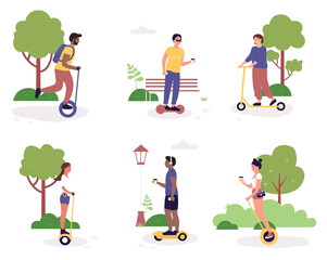 Eco city transportation activity vector illustration set. Cartoon active woman man character riding electric eco friendly transport in public park, scooter, hoverboard or gyroscooter isolated on white