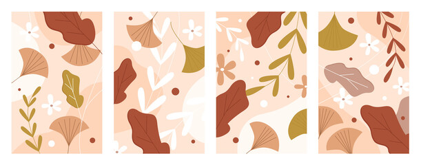 Autumn leaves a4 template pattern vector illustration set. Abstract brown falling oak, acacia autumnal tree leaf, flowers seed dots fall season collection, floral simple design for seasonal background
