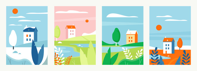 Nature landscape with houses in different seasons vector illustration set. Cartoon vertical simple minimalist landscape design, rural countryside scenes, farm houses in summer autumn winter spring