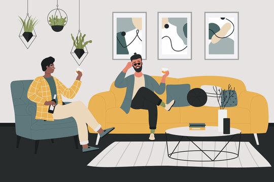 Friends conversation vector illustration. Cartoon happy man friend characters sitting on sofa in home living room interior, people drink alcohol beverage and chatting, male friendship background