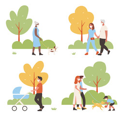 Obraz na płótnie Canvas People walk in city park vector illustration set. Cartoon active family characters walking together, playing with dog pet, wearing face medical protective mask, weekend activity isolated on white