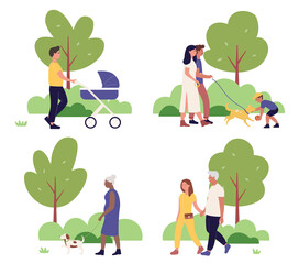 People walking in city park together vector illustration set. Cartoon cityscape summer park scenes collection, happy family characters walk and play with dog, father with stroller isolated on white