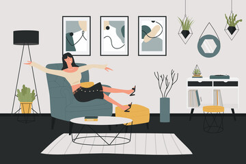 Young woman relaxing at home vector illustration. Cartoon happy girl character sitting in armchair of Scandinavian home apartment interior, funny lady spending fun time at home alone background
