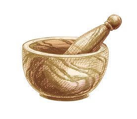 Wooden mortar and pestle. Vector vintage hatching color illustration. Isolated on white