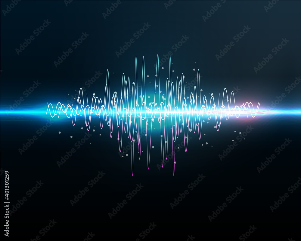 Aufkleber voice recognition. sound waves oscillating glow light, abstract technology background - vector