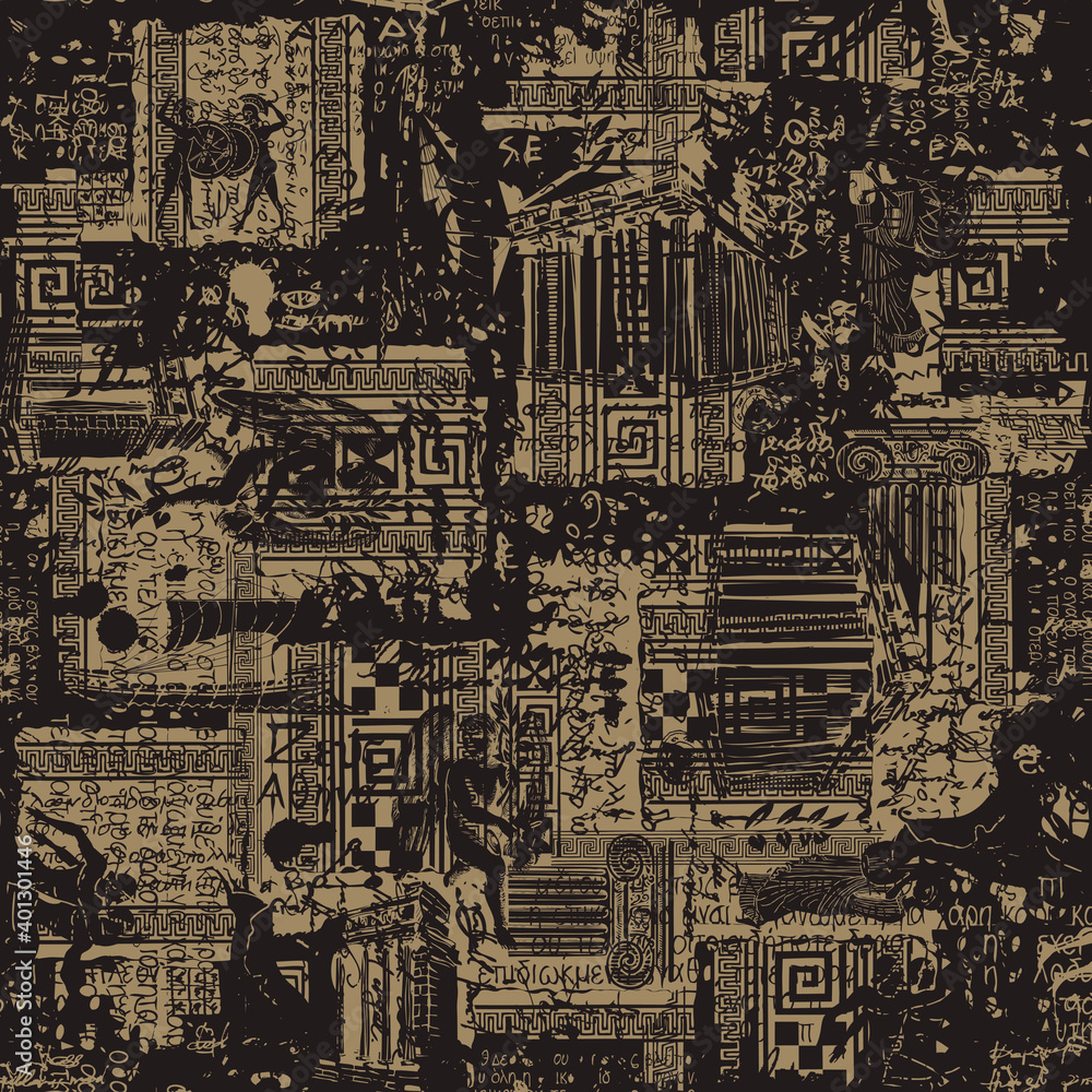 Poster seamless pattern on the theme of ancient greece in grunge style. abstract vector background with ske