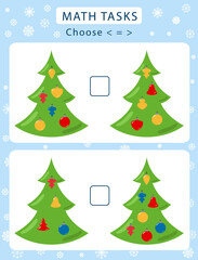 Counting practice for preschoolers. Count the decorations on the trees and write the desired inequality sign in the rectangle. Christmas theme. Vector illustration in flat style
