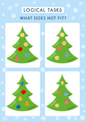 Set of 4 tasks for the development of logical thinking of children. What does not fit is education children game. Difficulty level 2. Set composed of Christmas decorations. Vector illustration