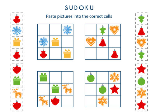 Set of tasks for the development of logical thinking of children. Education game. Sudoku game with pictures. Level 1. Set of logical tasks composed of Christmas decorations. Vector illustration